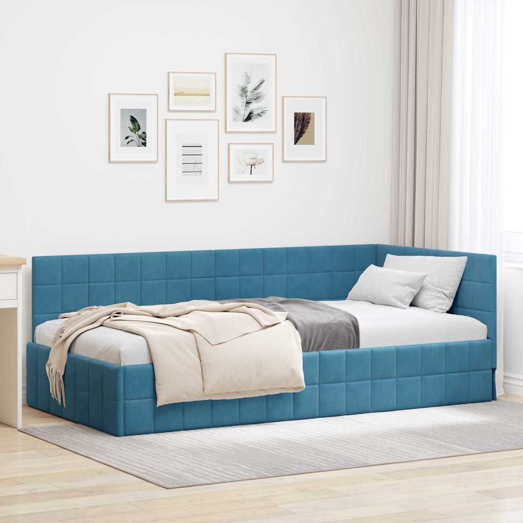 Hjørnesengramme med hovedgærde Blå 90 cm x 190 cm Fløjl