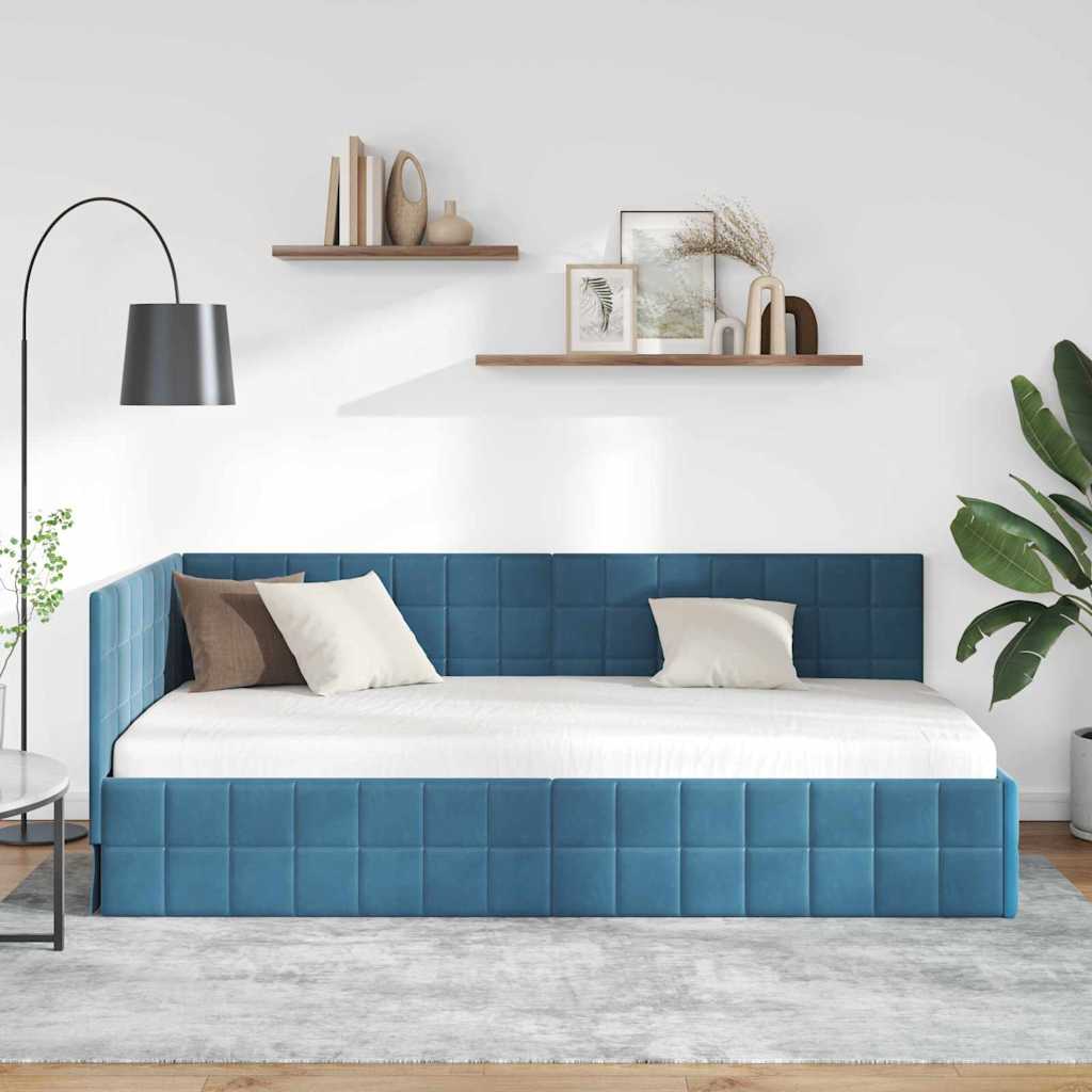 Hjørnesengramme med hovedgærde Blå 90 cm x 190 cm Fløjl