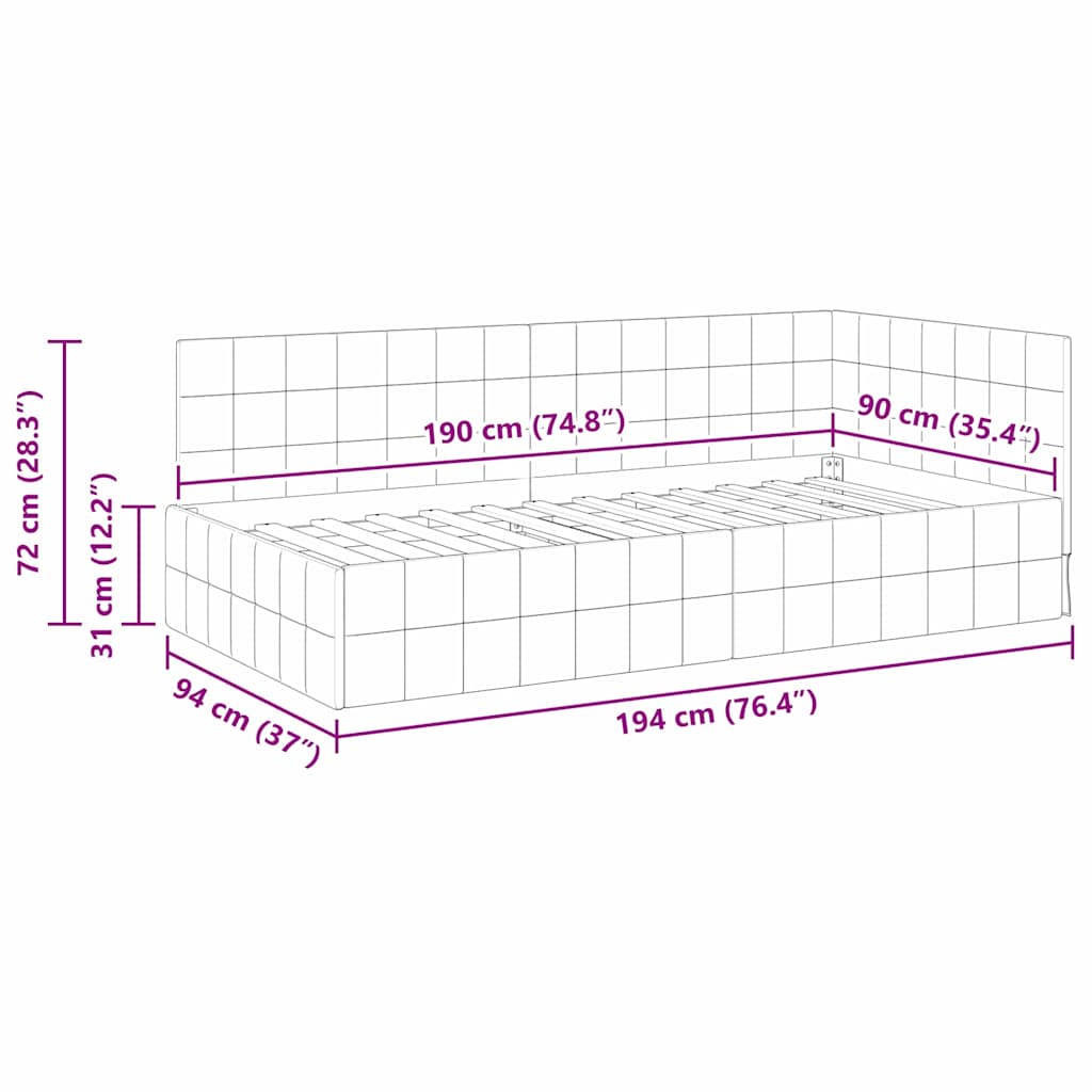 Hjørnesengramme med hovedgærde Sort 90 cm x 190 cm Fløjl