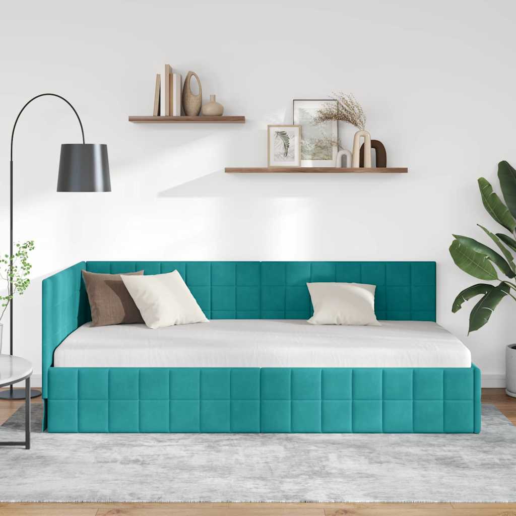 Hjørnesengramme med hovedgærde Turkis 90 cm x 190 cm Fløjl