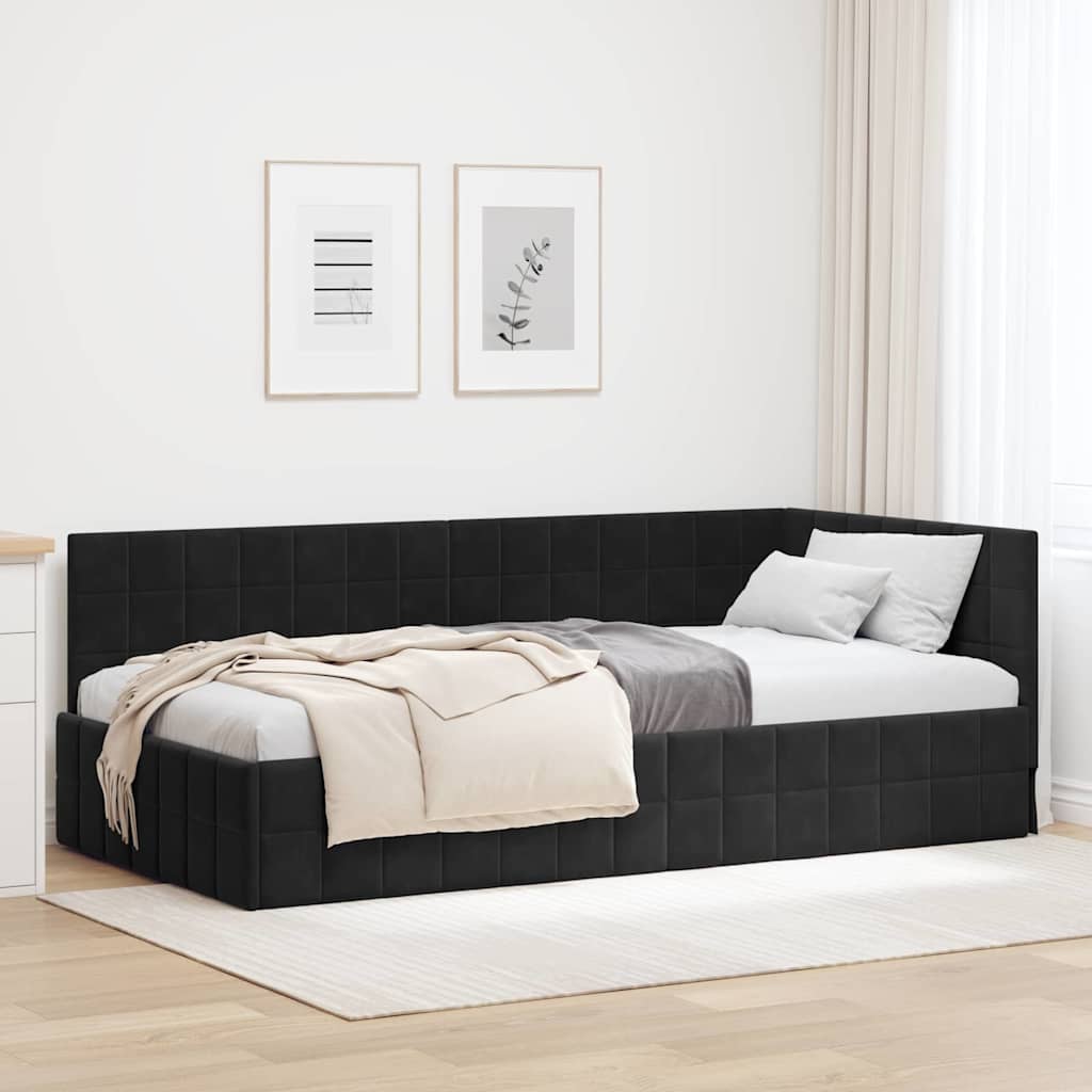 Hjørnesengramme med hovedgærde Sort 90 cm x 200 cm Fløjl