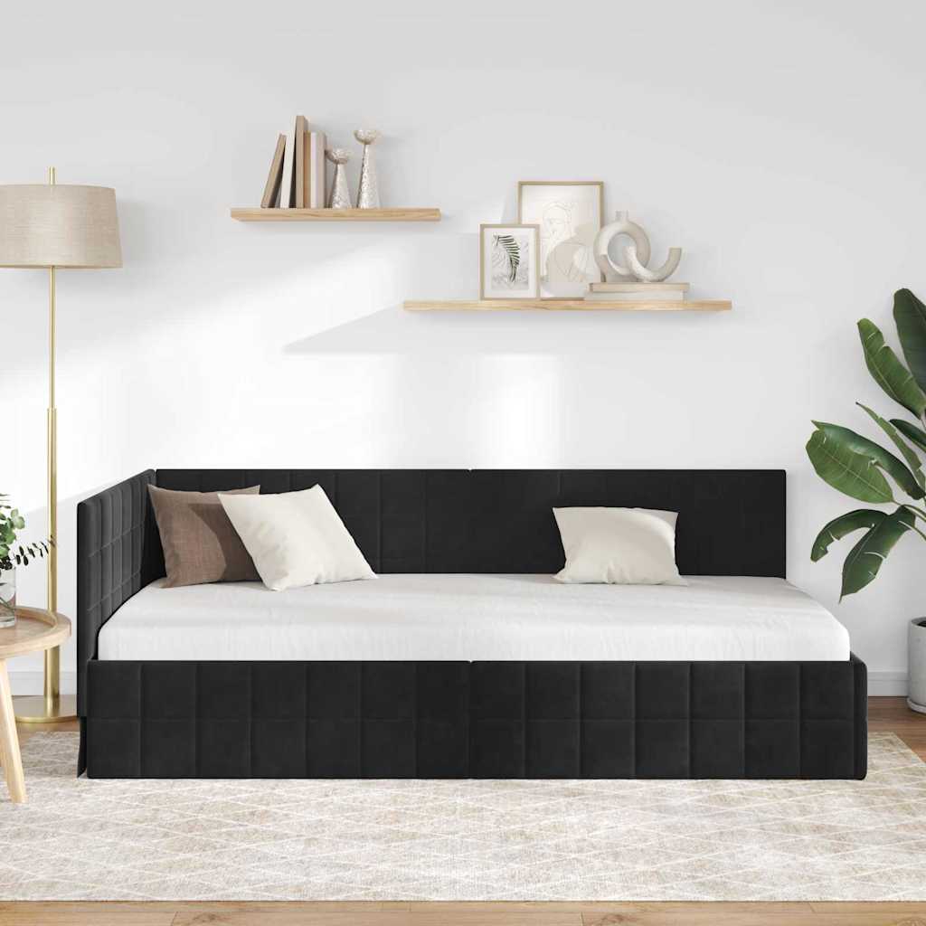 Hjørnesengramme med hovedgærde Sort 90 cm x 200 cm Fløjl