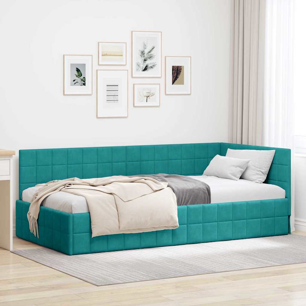 Hjørnesengramme med hovedgærde Turkis 100 cm x 200 cm Fløjl