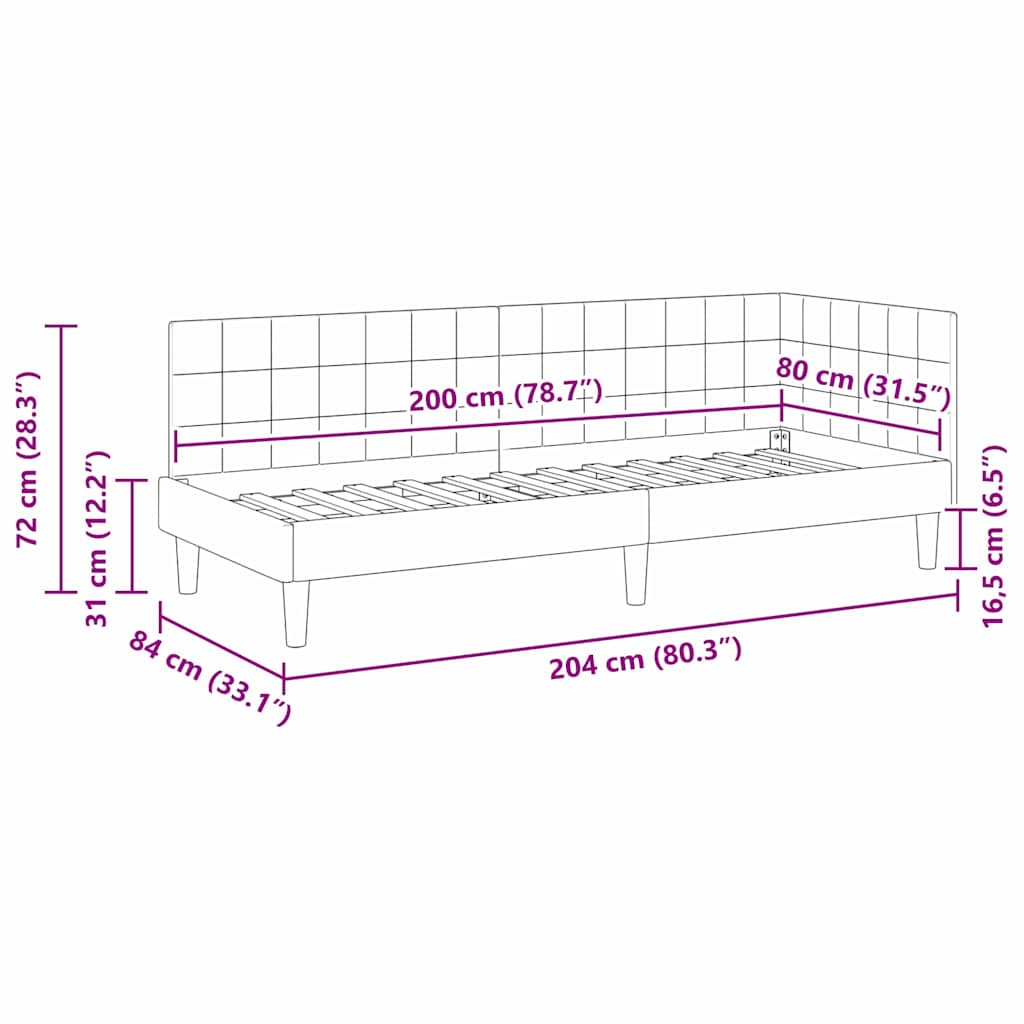 Hjørnesengramme med hovedgærde Sort 80 cm x 200 cm Fløjl
