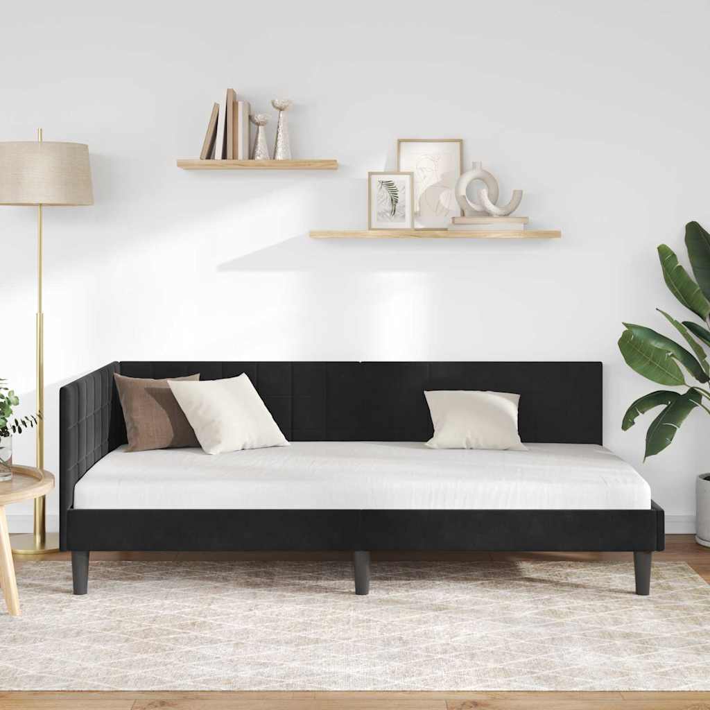Hjørnesengramme med hovedgærde Sort 90 cm x 190 cm Fløjl
