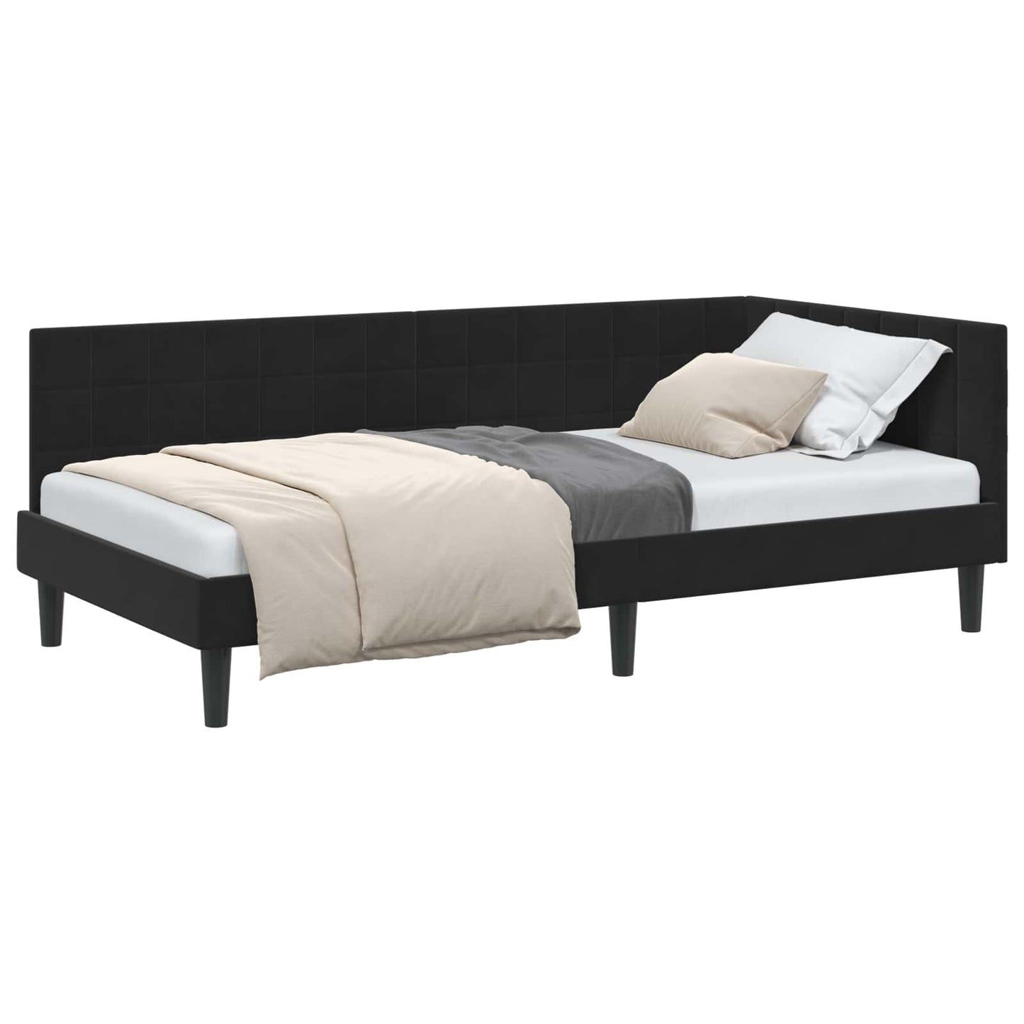 Hjørnesengramme med hovedgærde Sort 90 cm x 190 cm Fløjl