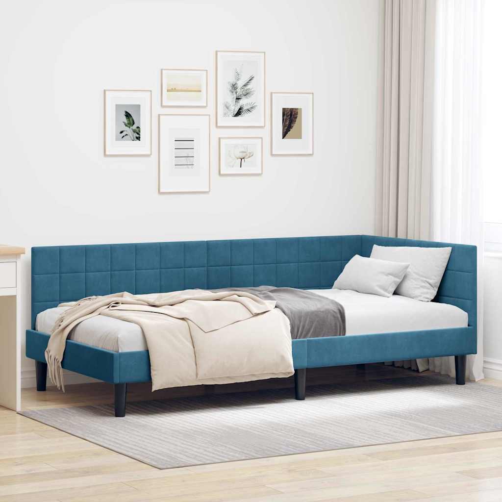 Hjørnesengramme med hovedgærde Blå 90 cm x 200 cm Fløjl