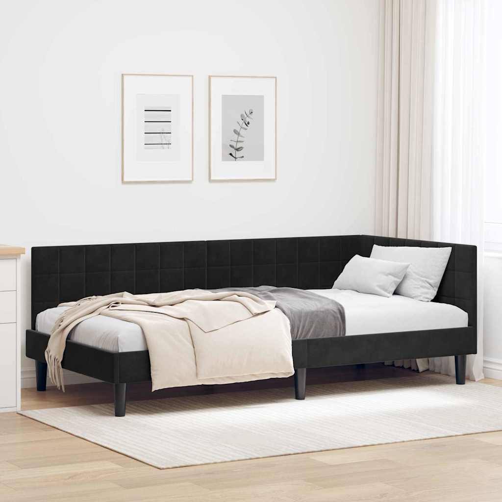Hjørnesengramme med hovedgærde Sort 90 cm x 200 cm Fløjl