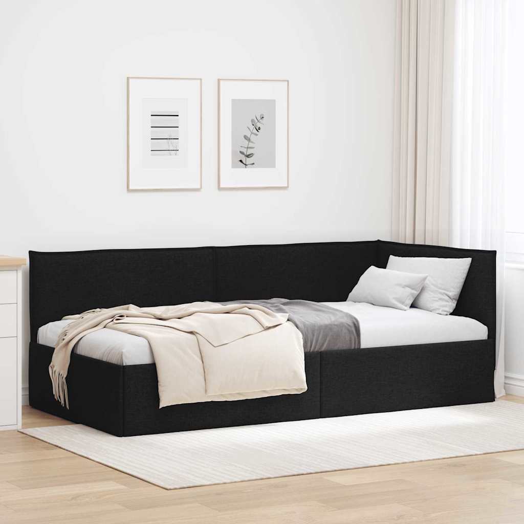 Hjørnesengramme med hovedgærde Sort 90 x 190 cm Stof