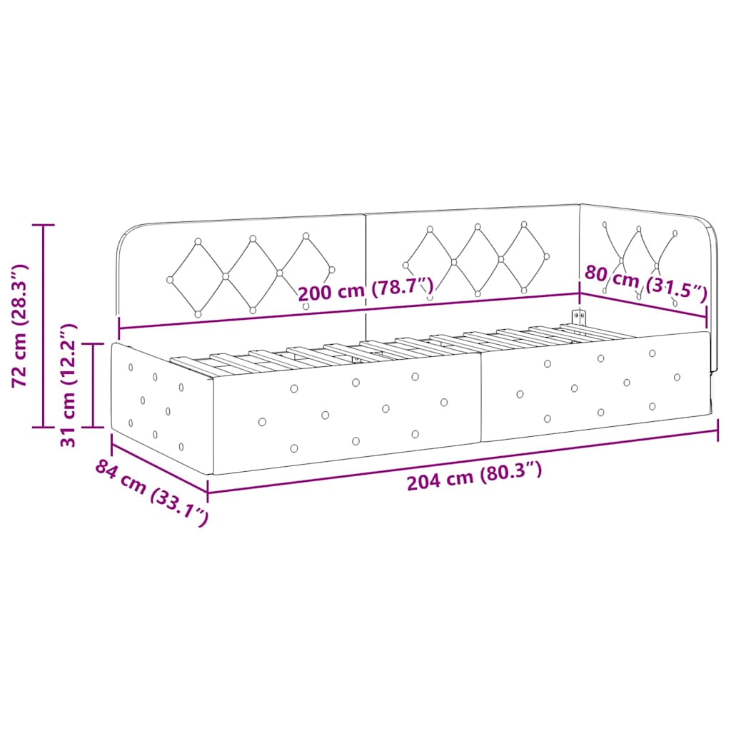 Hjørnesengramme Sort 80 x 200 cm Fløjl