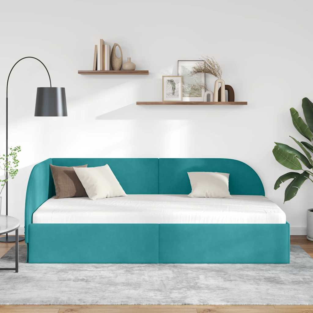 Hjørnesengramme med hovedgærde Turkis 80 cm x 200 cm Fløjl