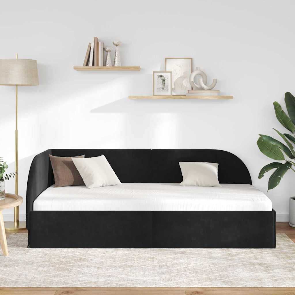 Hjørnesengramme med hovedgærde Sort 90 cm x 190 cm Fløjl