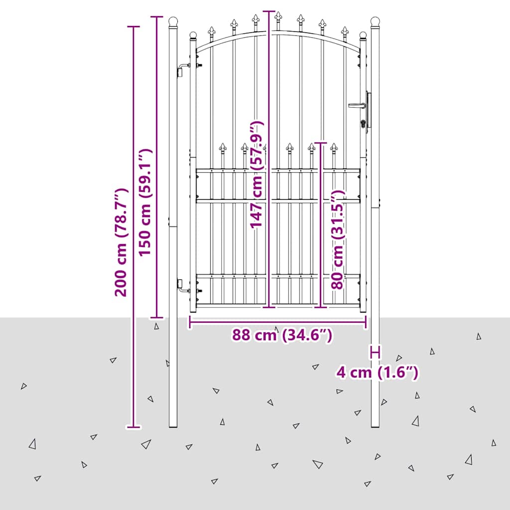 Hegnsportal med pigge EMMEN 200 x 100 cm Pulverlakeret Stål Grå