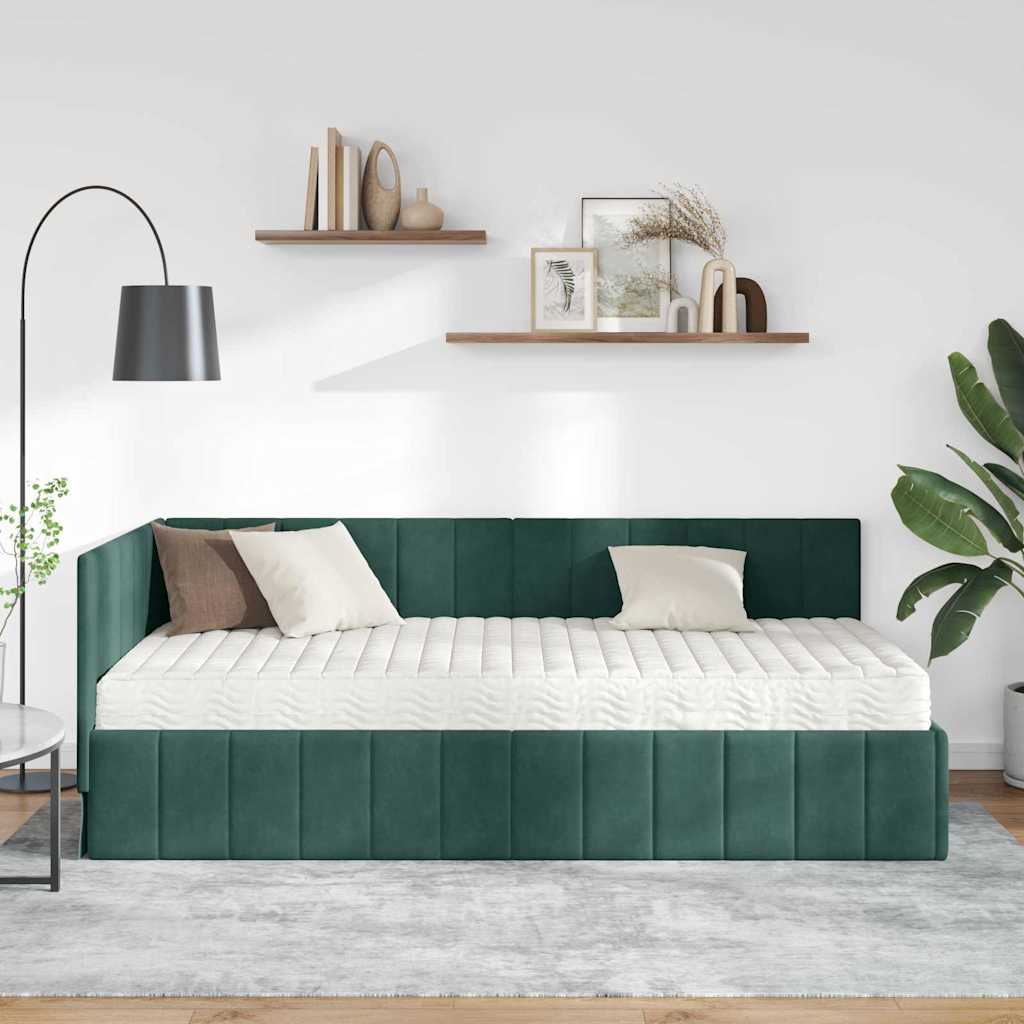 Hjørnesengramme med Madras 2 stk. Mørkegrøn 90 x 190 cm Fløjl