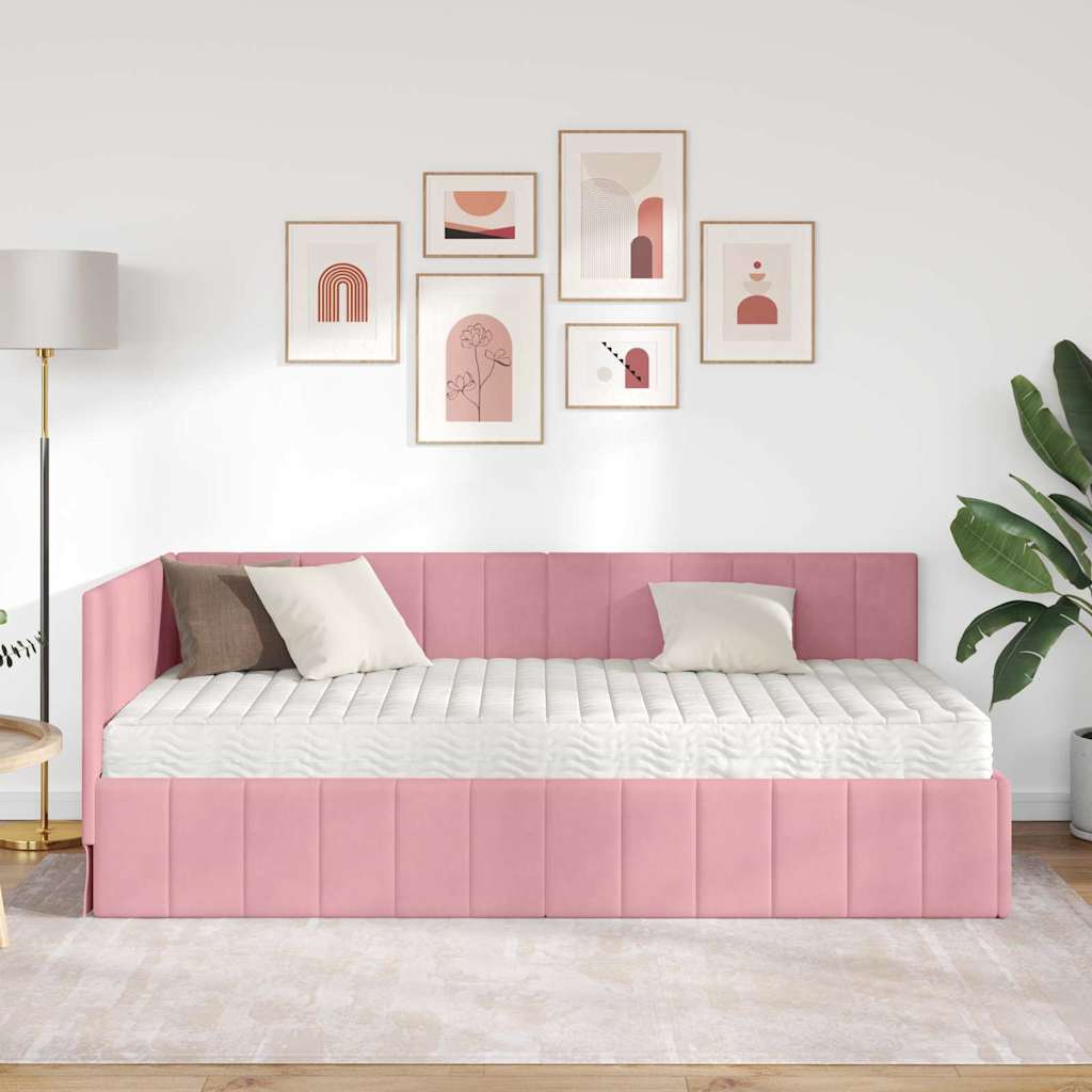 Hjørnesengramme med Madras 2 stk. Lyserød 90 x 190 cm Fløjl