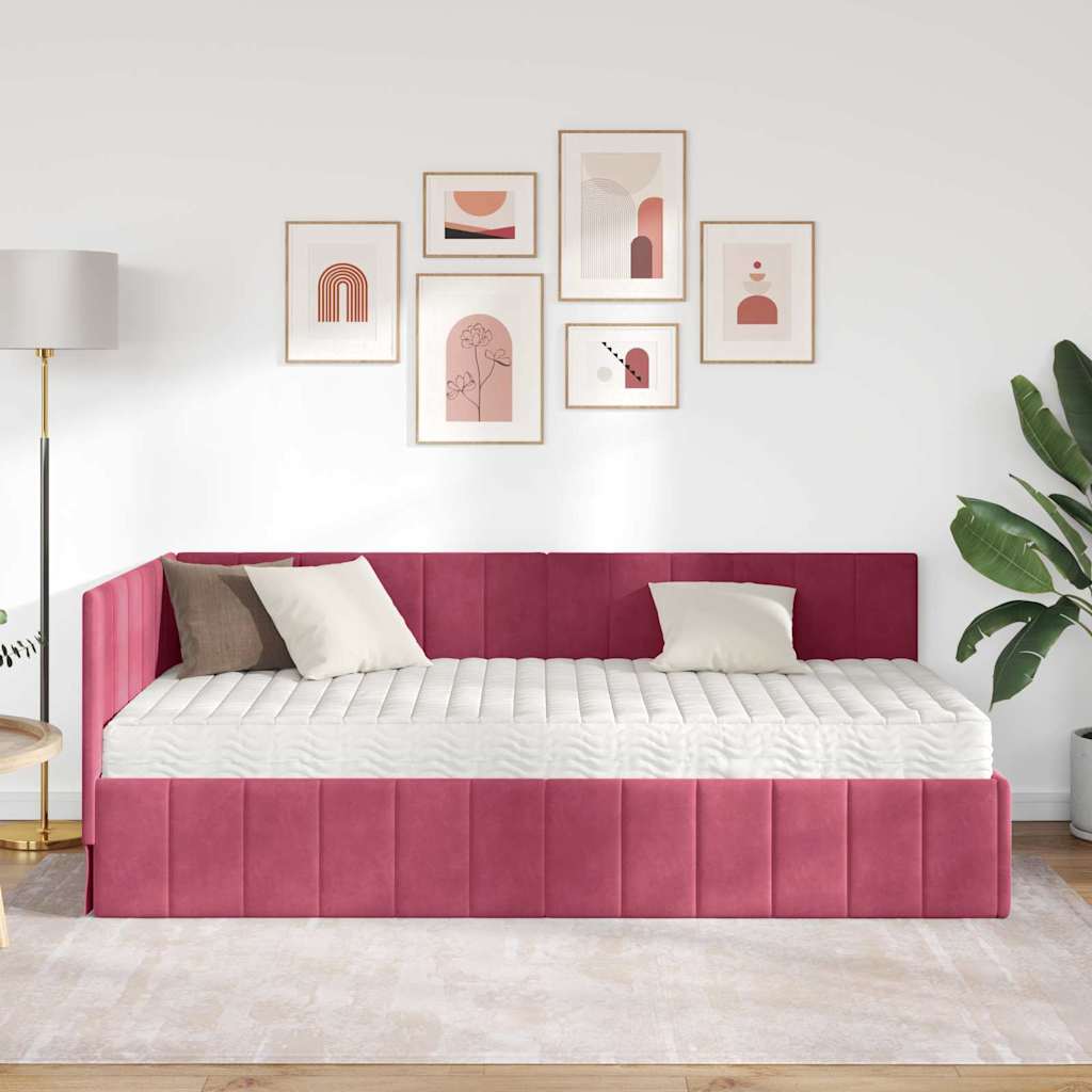 Hjørnesengramme med Madras 2 stk. Vinrød 90 x 200 cm Fløjl