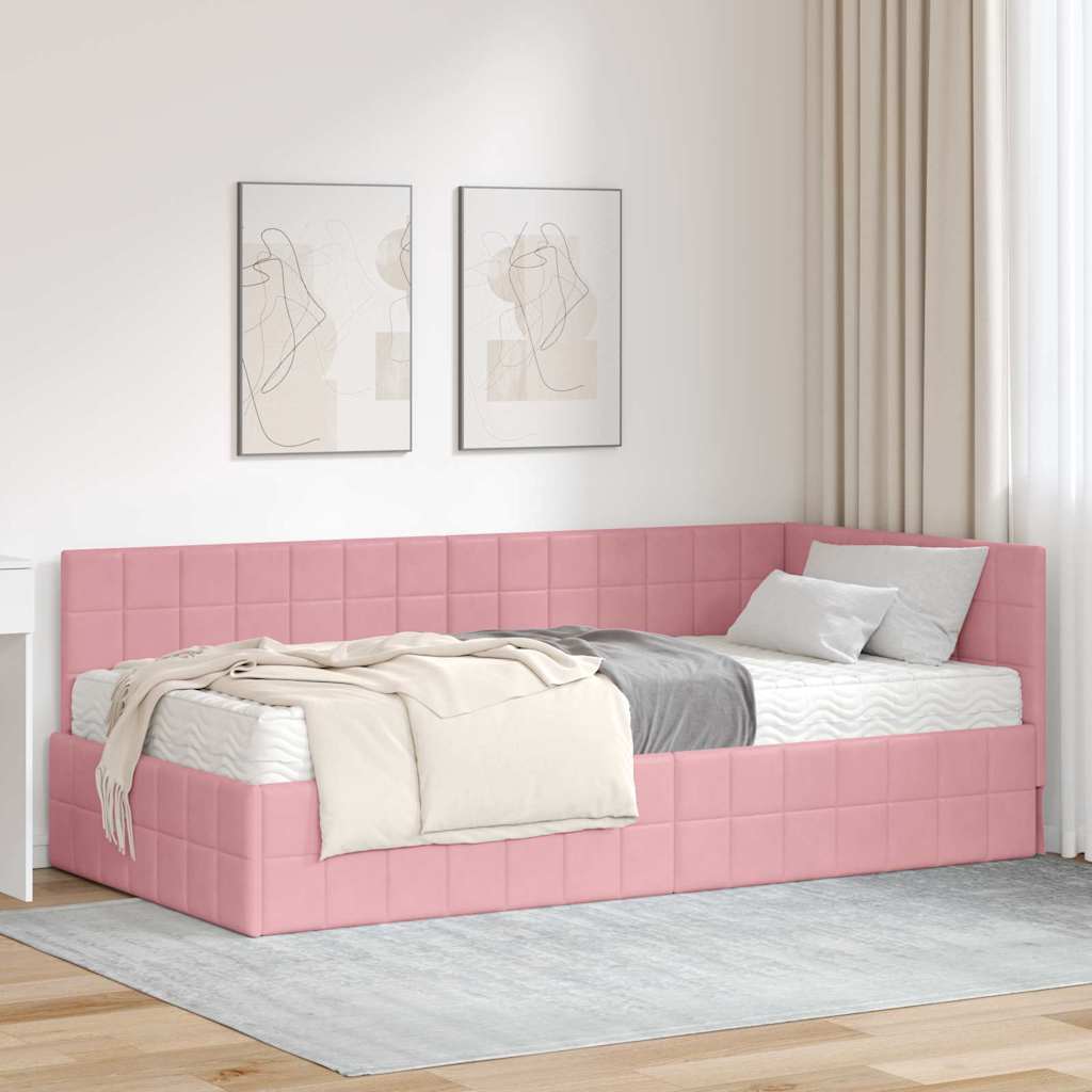 Hjørnesengramme med Madras 2 stk. Lyserød 90 x 200 cm Fløjl
