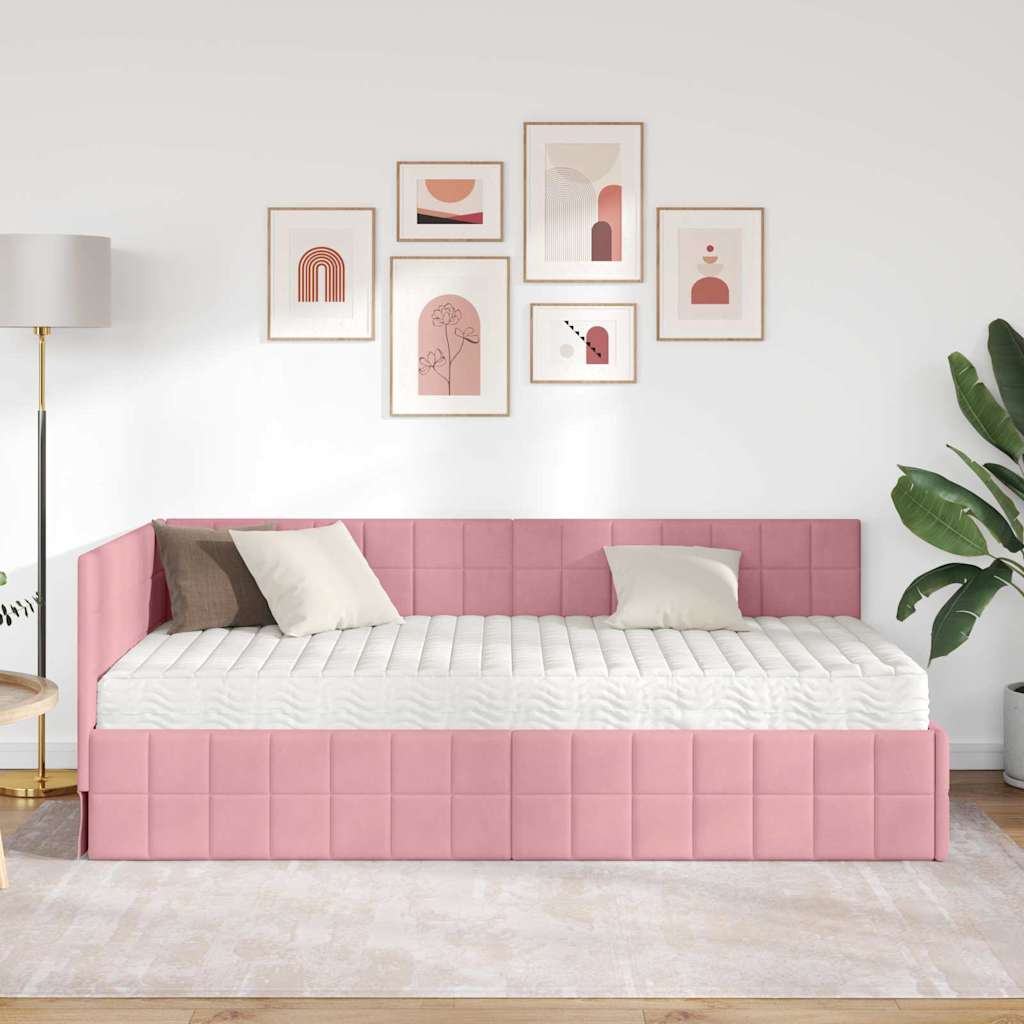 Hjørnesengramme med Madras 2 stk. Lyserød 90 x 200 cm Fløjl