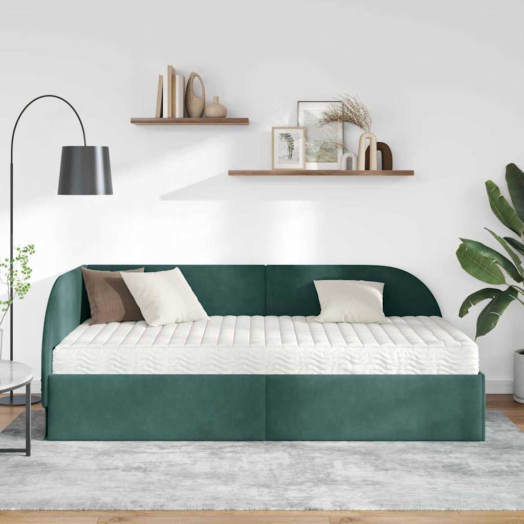 Hjørnesengramme med Madras 2 stk. Mørkegrøn 90 x 190 cm Fløjl