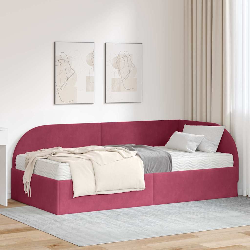 Hjørnesengramme med Madras 2 stk. Vinrød 90 x 200 cm Fløjl