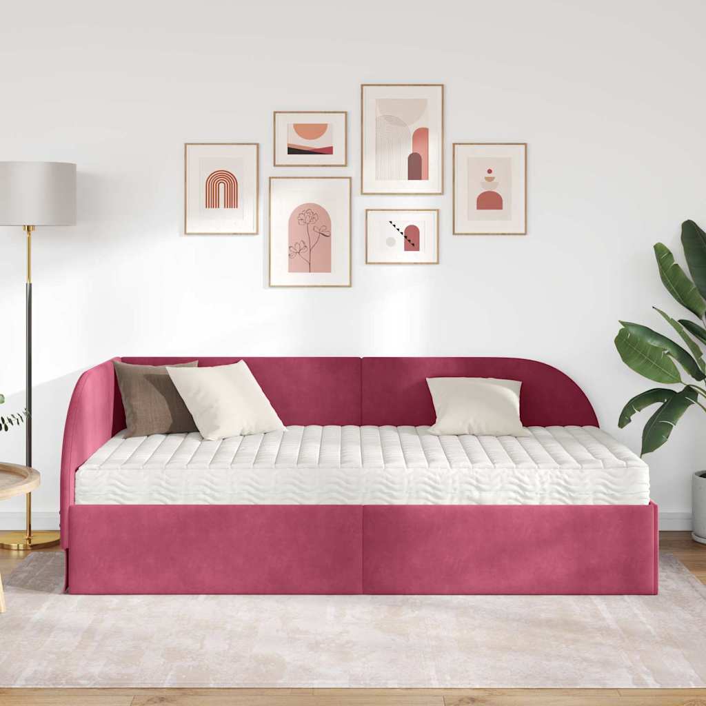 Hjørnesengramme med Madras 2 stk. Vinrød 90 x 200 cm Fløjl