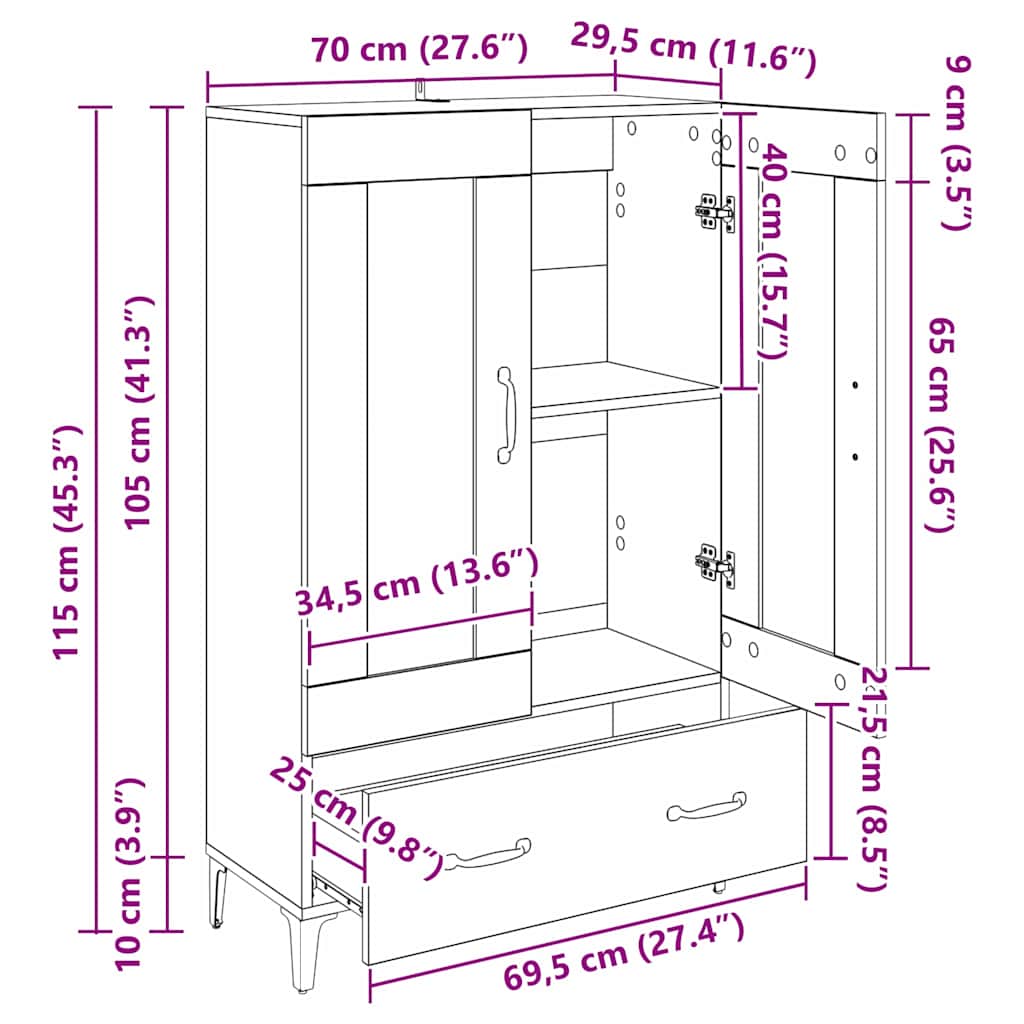Highboard Sort eg 70 x 31 x 115 cm Ingeniørt træ og jern