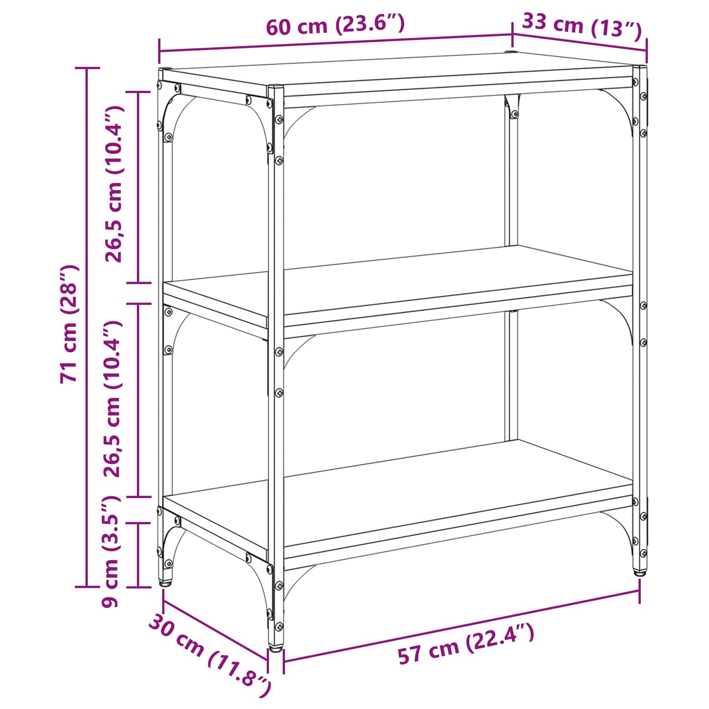 Bogskab 3 niveauer 60 x 33 x 70,5 cm Ingeniørt træ og jern