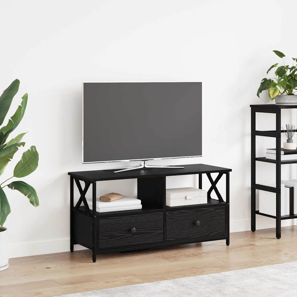 TV-skab med skuffe Sort eg 90 x 33 x 45 cm Ingeniørtræ og stål