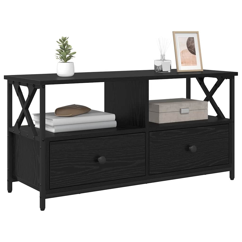 TV-skab med skuffe Sort eg 90 x 33 x 45 cm Ingeniørtræ og stål