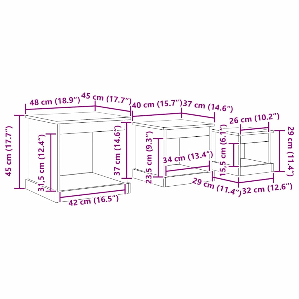 Sofabord 3 stk. Gammelt træ 48 x 45 x 45 cm Konstrueret træ