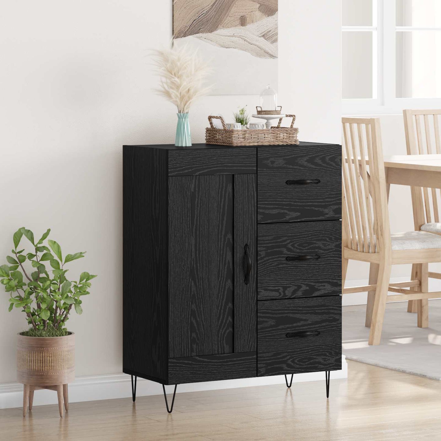 Sideboard med skuffe Sort Eg 69,5 x 34 x 90 cm Konstrueret træ