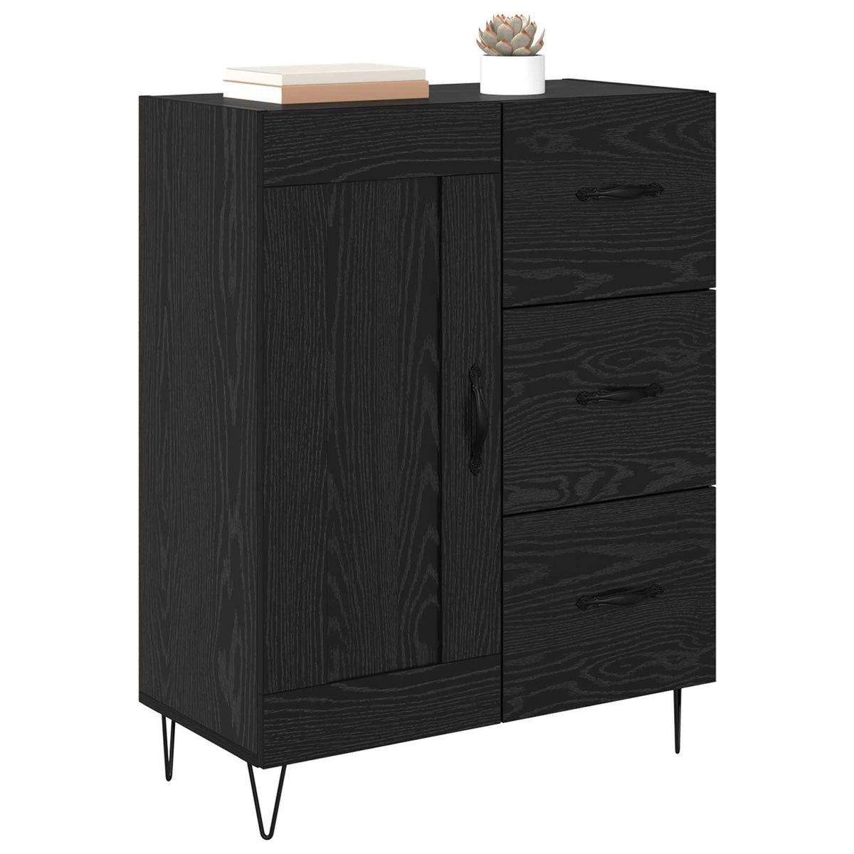 Sideboard med skuffe Sort Eg 69,5 x 34 x 90 cm Konstrueret træ