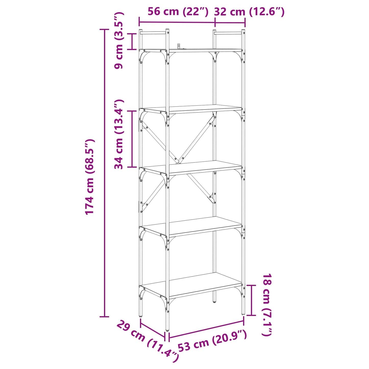 Bogreol 5 niveauer 56 x 32 x 174 cm Konstrueret træ