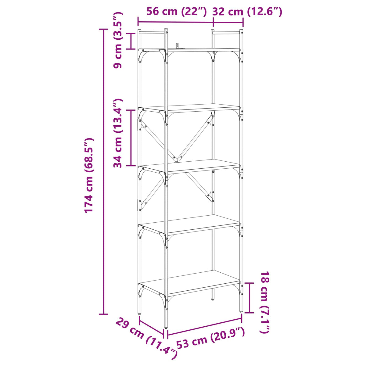 Bogreol 5 niveauer 56 x 32 x 174 cm Konstrueret træ Sort eg