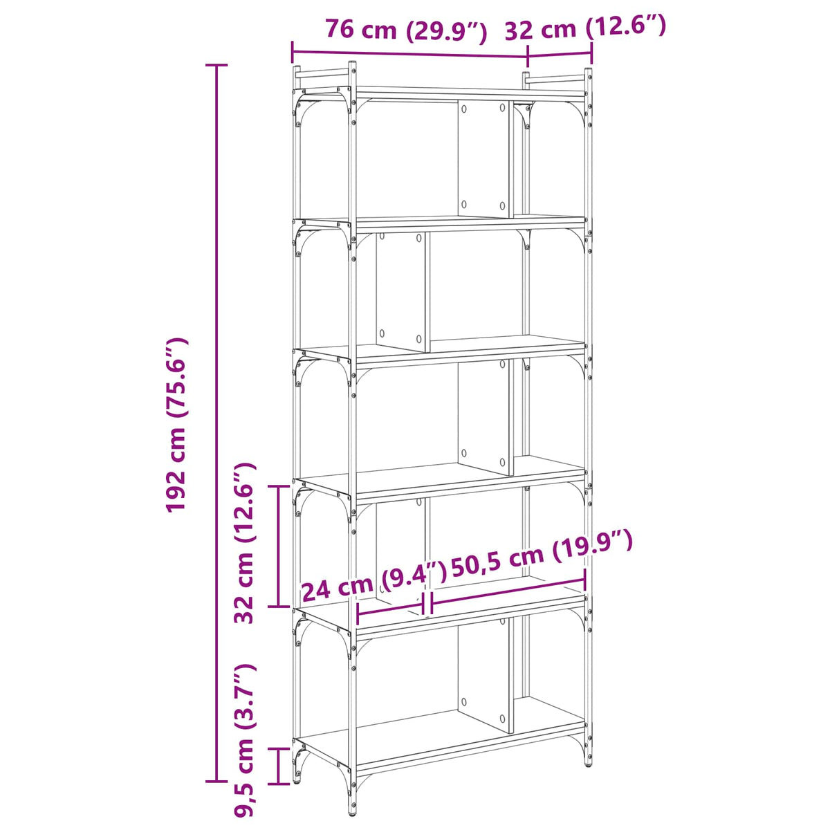 Bogreol 5 niveauer 76 x 32 x 192 cm Konstrueret træ Sort eg