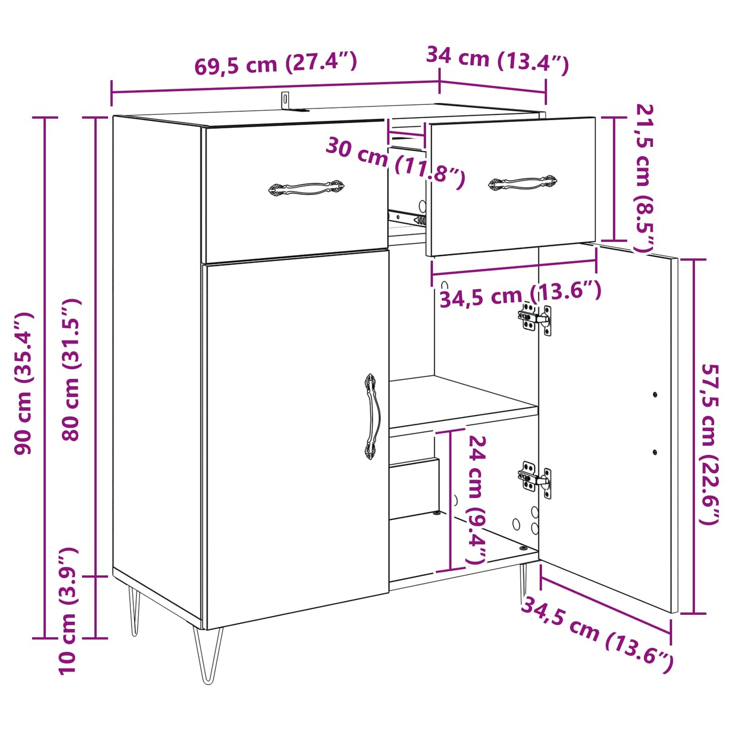Sideboard Gammelt træ 69,5 x 34 x 90 cm Konstrueret træ