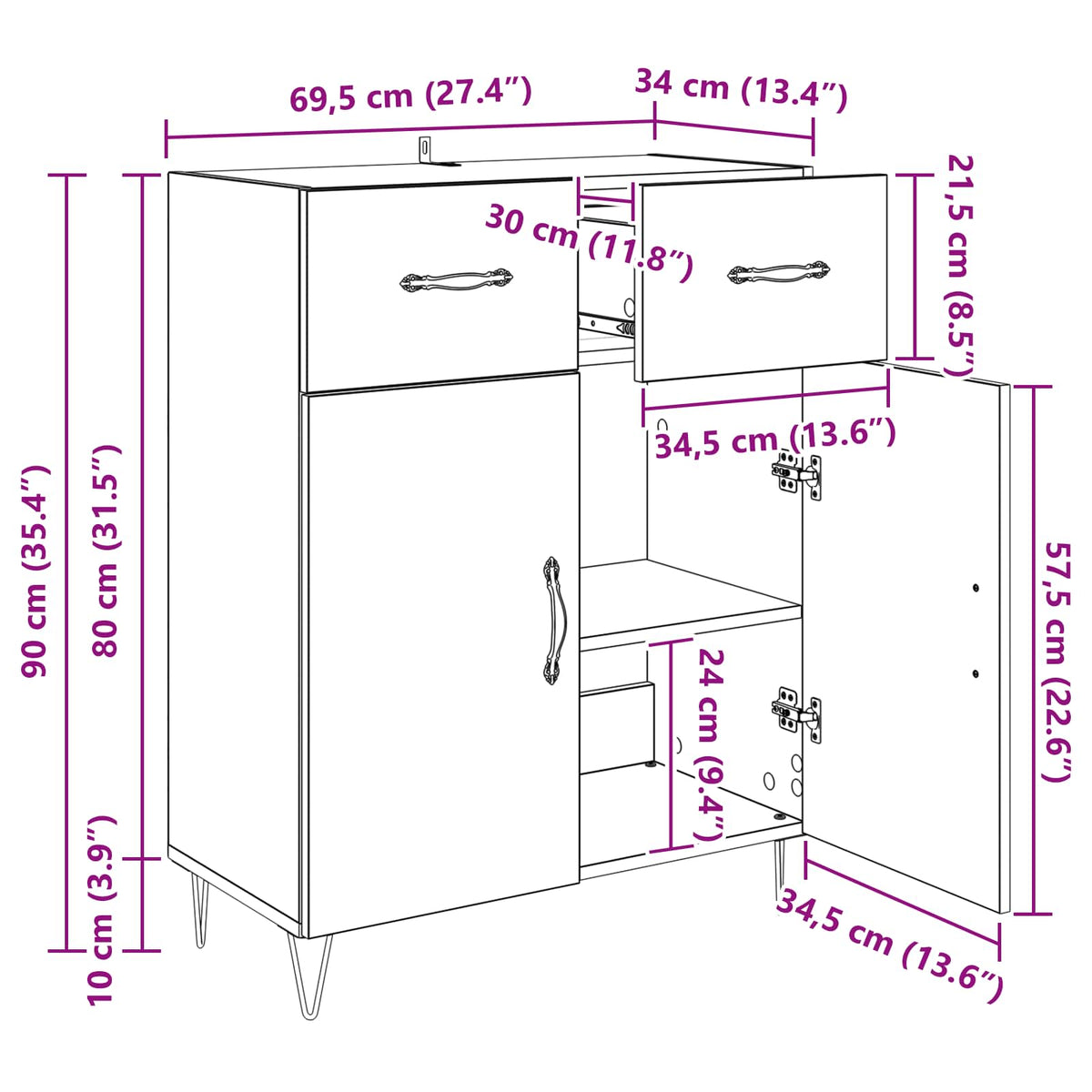 Sideboard Sort eg 69,5 x 34 x 90 cm Konstrueret træ