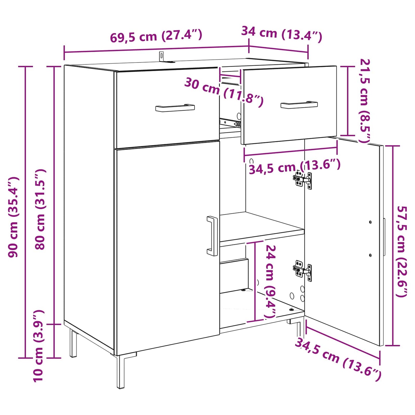 Sideboard Gammelt træ 69,5 x 34 x 90 cm Konstrueret træ
