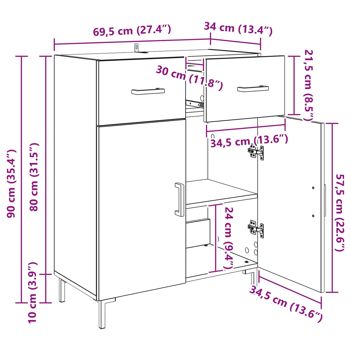 Sideboard Sort eg 69,5 x 34 x 90 cm Konstrueret træ