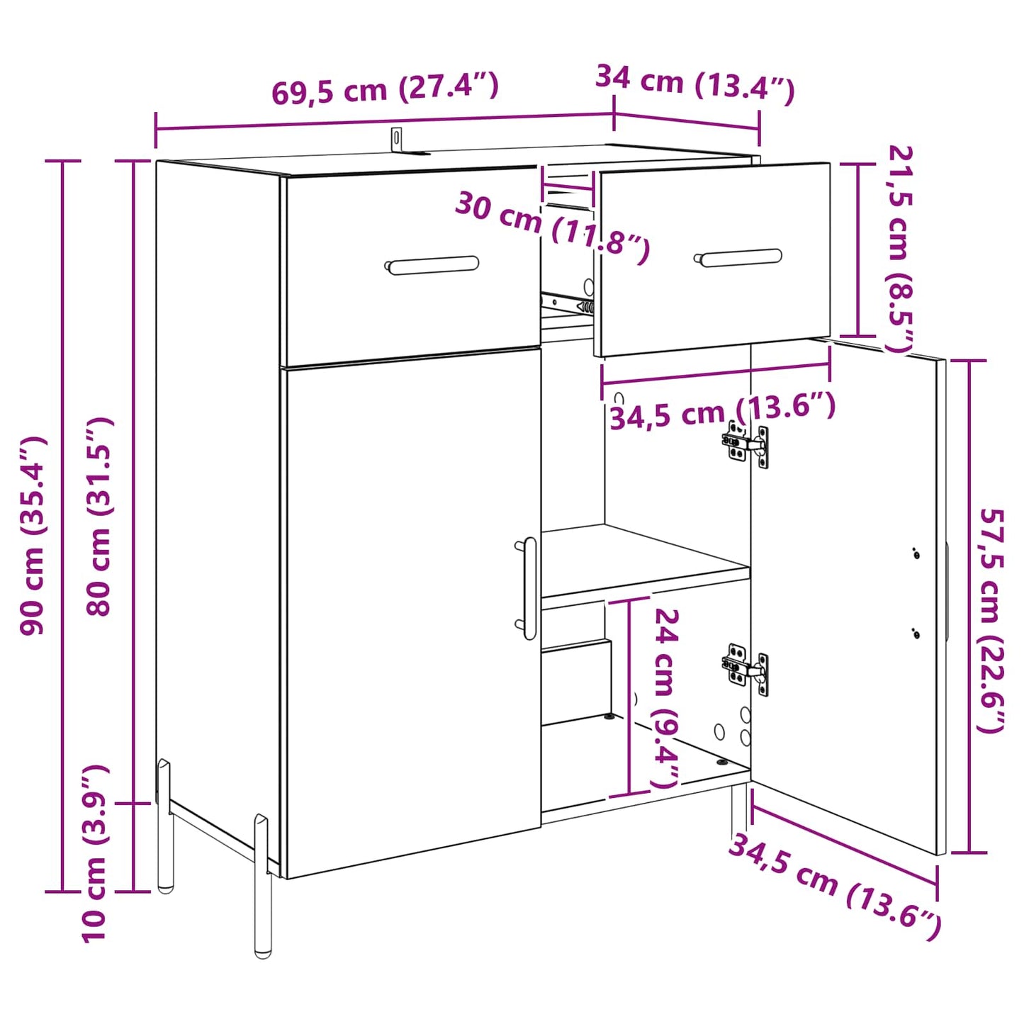Sideboard Gammelt træ 69,5 x 34 x 90 cm Konstrueret træ