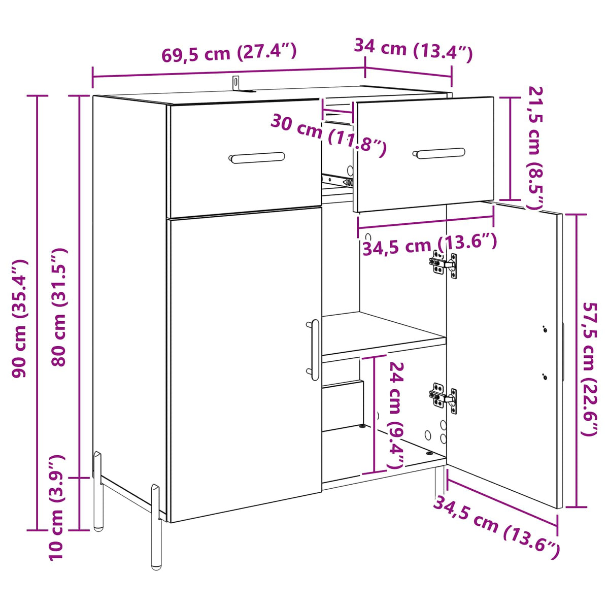 Sideboard Artisan Egetræ 69,5 x 34 x 90 cm Konstrueret træ