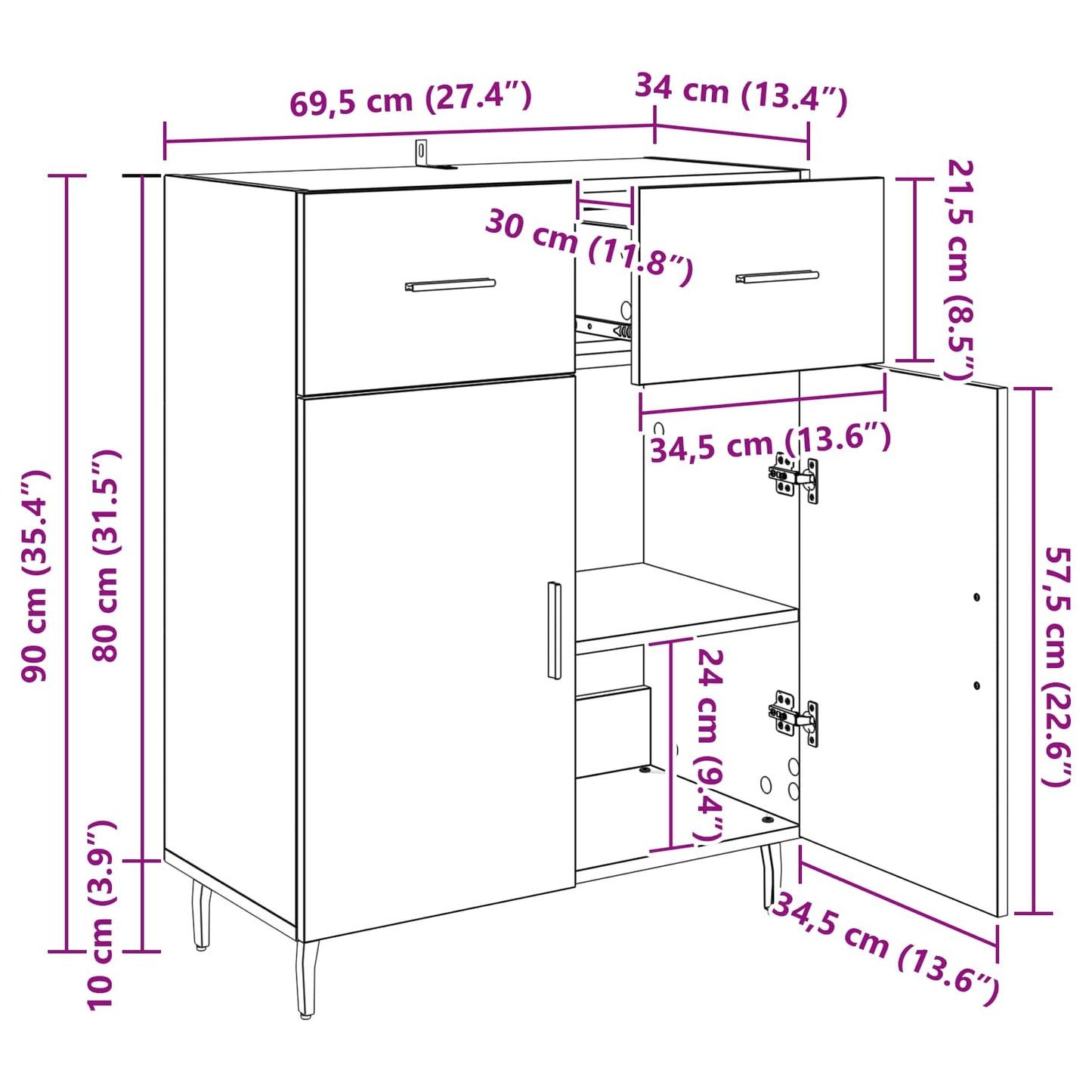Sideboard Gammelt træ 69,5 x 34 x 90 cm Konstrueret træ