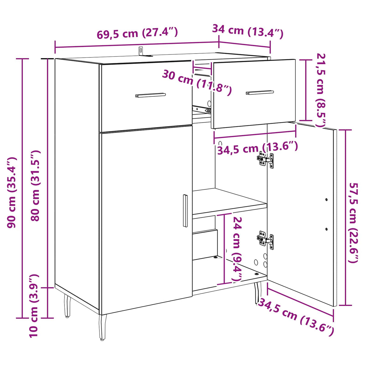 Sideboard Sort eg 69,5 x 34 x 90 cm Konstrueret træ