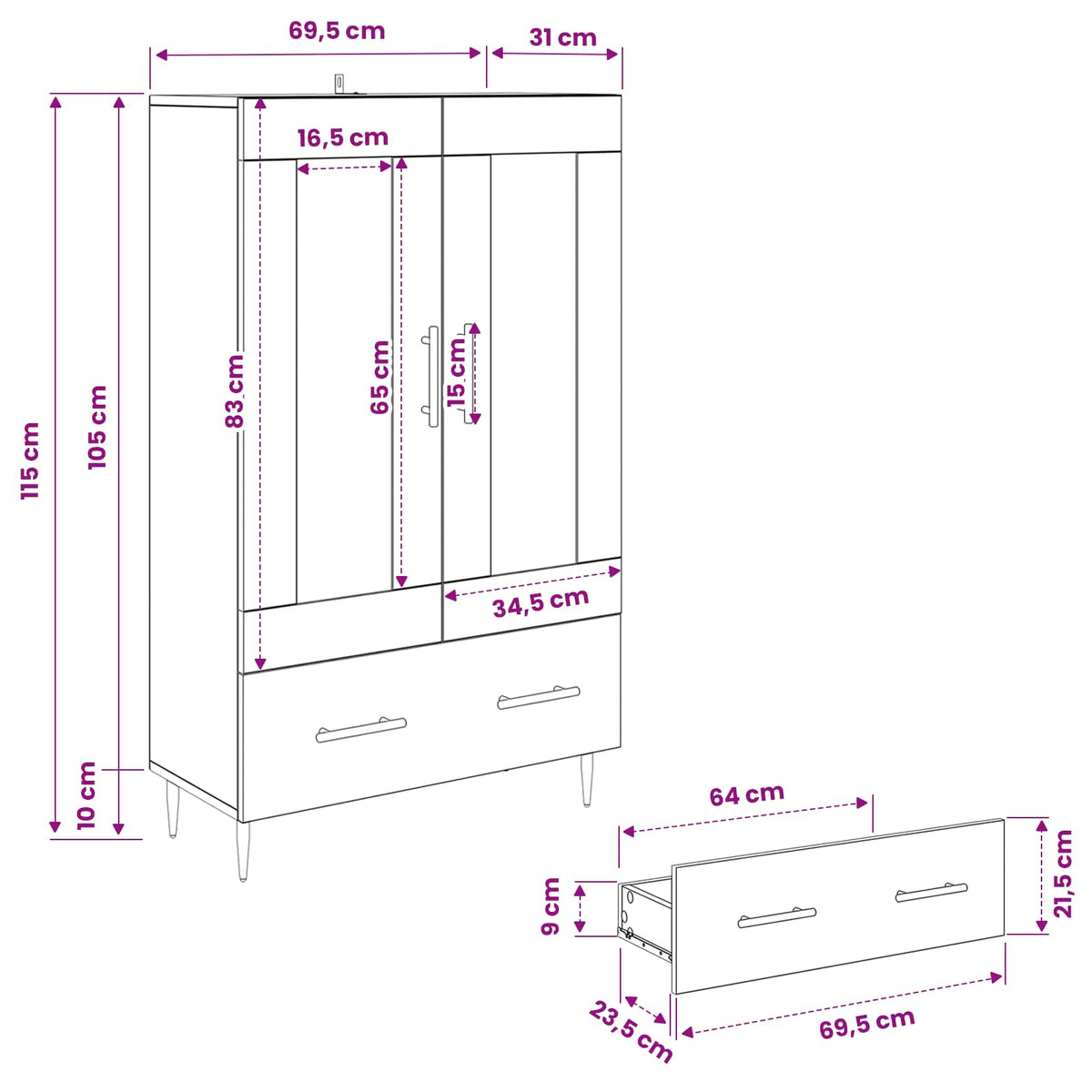 Highboard Sort eg 69,5 x 31 x 115 cm Ingeniørtræ og glas