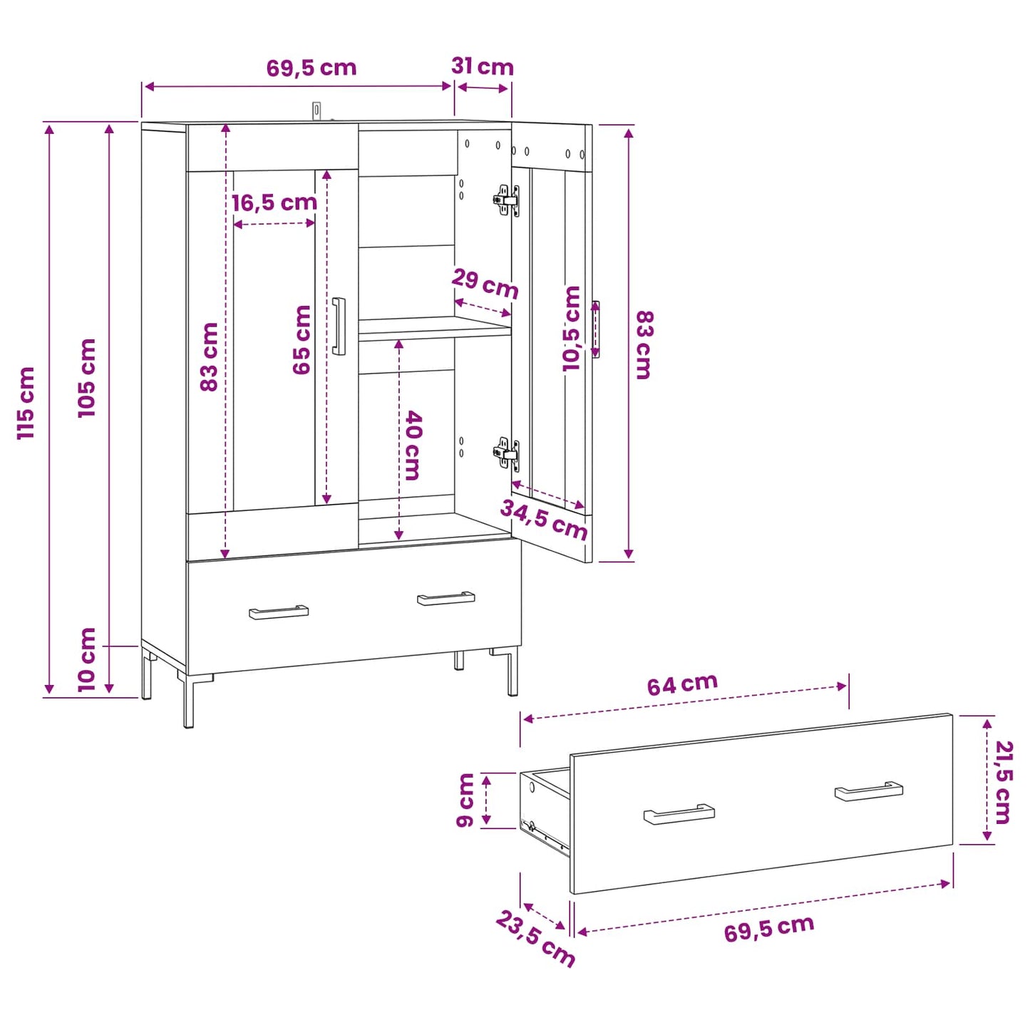 Highboard Artisan Egetræ 69,5 x 31 x 115 cm Konstrueret træ