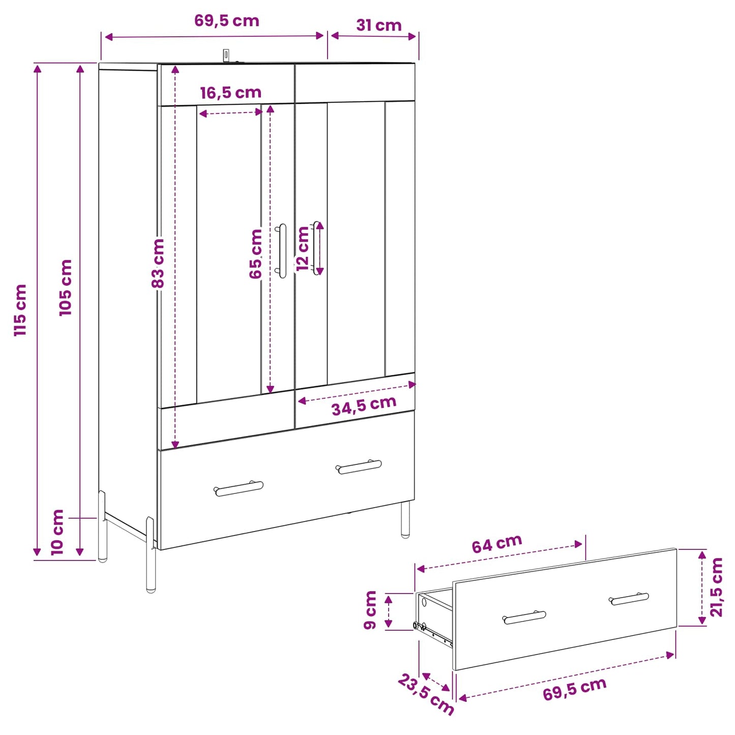 Highboard CORONA Sort eg 69,5 x 31 x 115 cm Konstrueret træ
