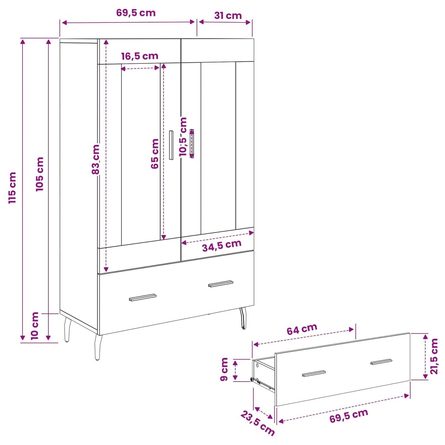 Highboard Sort eg 69,5 x 31 x 115 cm Konstrueret træ