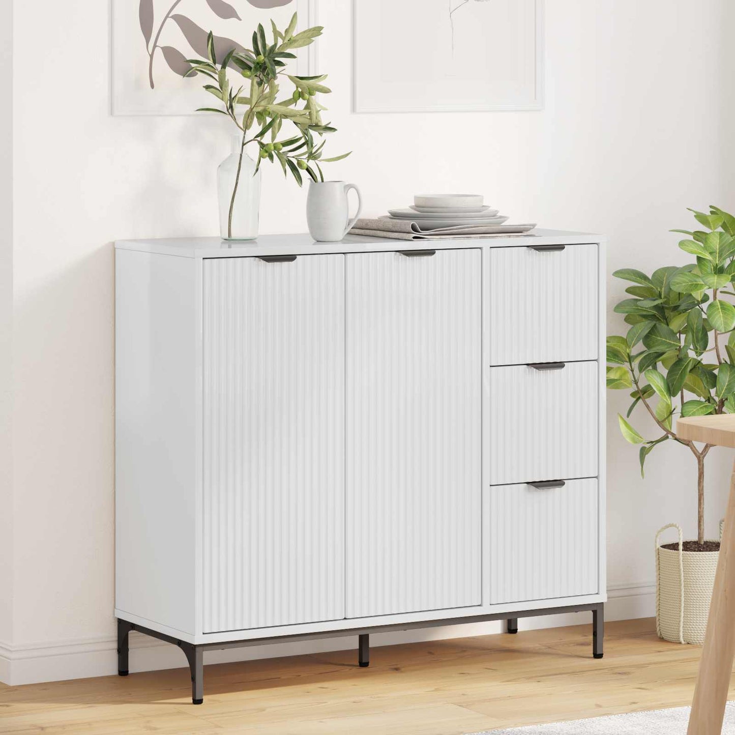 Sideboard Høj gloss hvid 89,5 x 33 x 82 cm Konstrueret træ