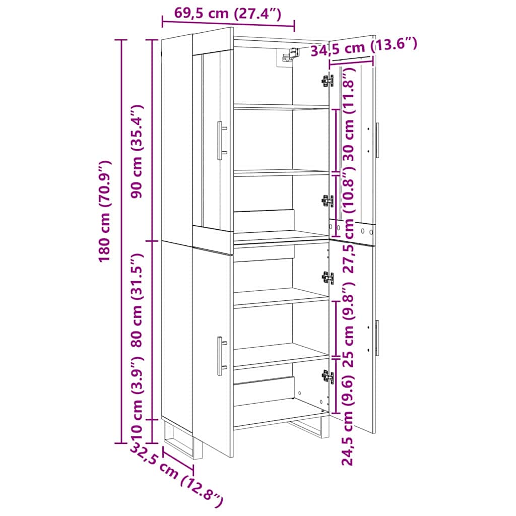 Highboard 2 stk. Sort eg 69,5 x 34 x 180 cm Konstrueret træ