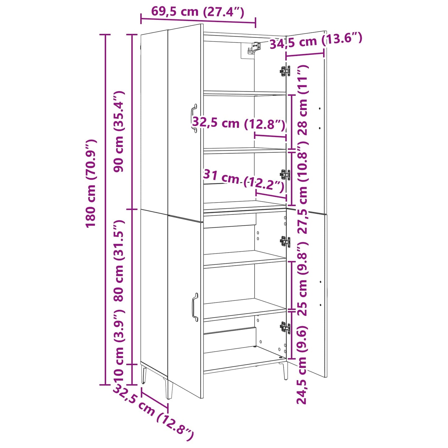 Highboard 2 stk. Sort eg 69,5 x 34 x 180 cm Konstrueret træ